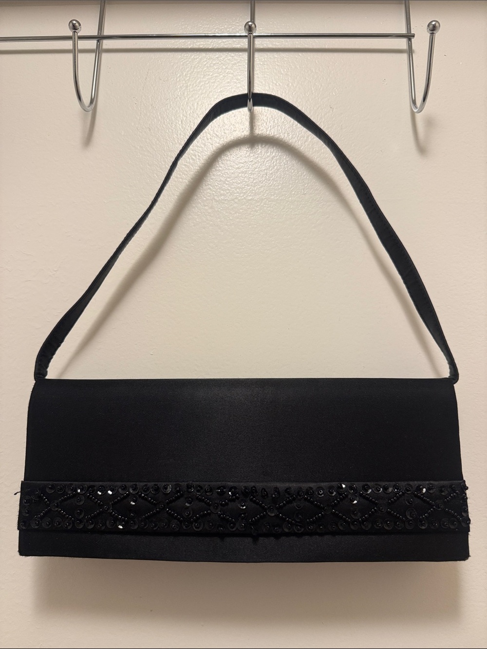 Vintage Sasha New York Black Satin Beaded Baguette Evening Bag Y2K